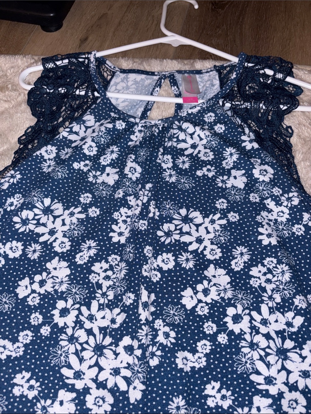 No Boundaries Navy Blue and White Floral Crochet Sleeve Tunic
